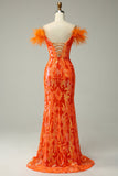 Paillettes orange sur l’épaule Robe de soirée de sirène avec plumes