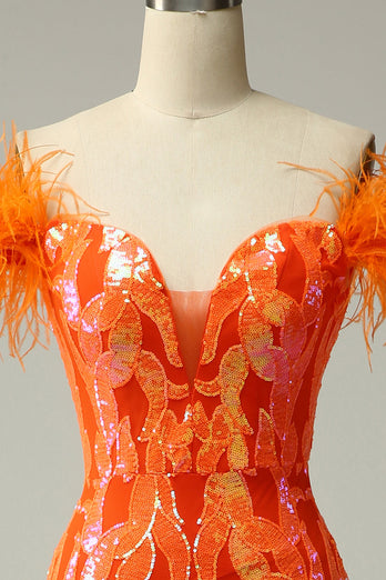 Paillettes orange sur l’épaule Robe de soirée de sirène avec plumes