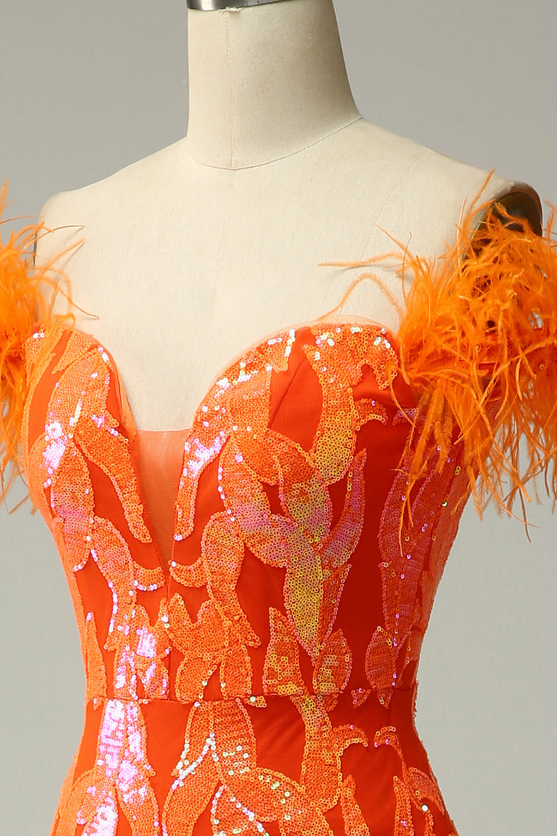 Charger l&#39;image dans la galerie, Paillettes orange sur l’épaule Robe de soirée de sirène avec plumes