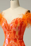 Paillettes orange sur l’épaule Robe de soirée de sirène avec plumes