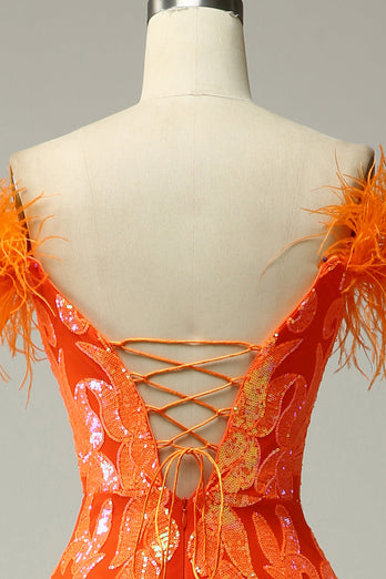 Paillettes orange sur l’épaule Robe de soirée de sirène avec plumes