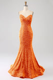 Robe de Soirée orange sirène chérie balayage train avec paillettes