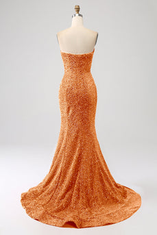 Robe de Soirée orange sirène chérie balayage train avec paillettes
