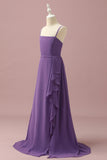 Mousseline de soie violette Spaghetti Sangles de demoiselle d’honneur junior Robe avec volants en cascade