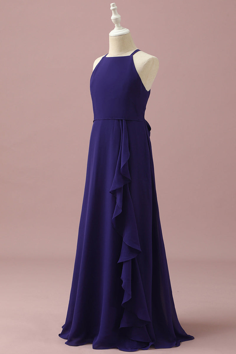 Charger l&#39;image dans la galerie, Robe de demoiselle d’honneur junior en mousseline de soie violette avec volants en cascade