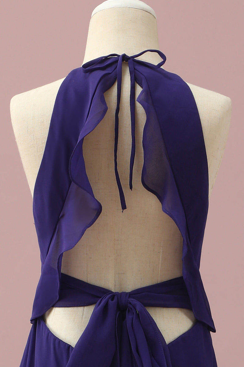Charger l&#39;image dans la galerie, Robe de demoiselle d’honneur junior en mousseline de soie violette avec volants en cascade