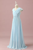 Robe de demoiselle d’honneur junior en dentelle bleu clair et chiffon col en V