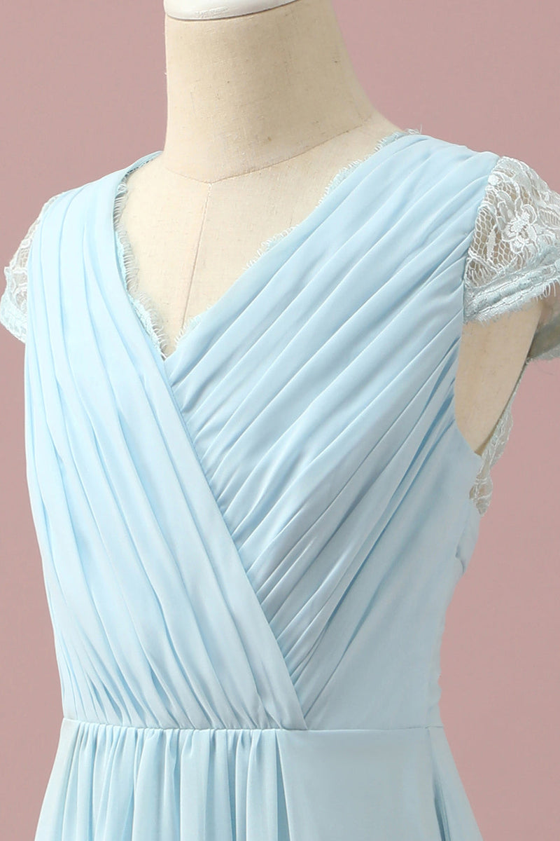 Charger l&#39;image dans la galerie, Robe de demoiselle d’honneur junior en dentelle bleu clair et chiffon col en V