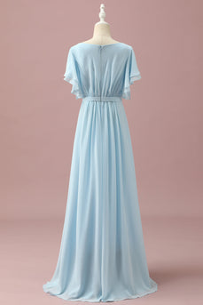 Mousseline de soie bleu clair Batwing Manches A-Line Junior Bridesmaid Dress
