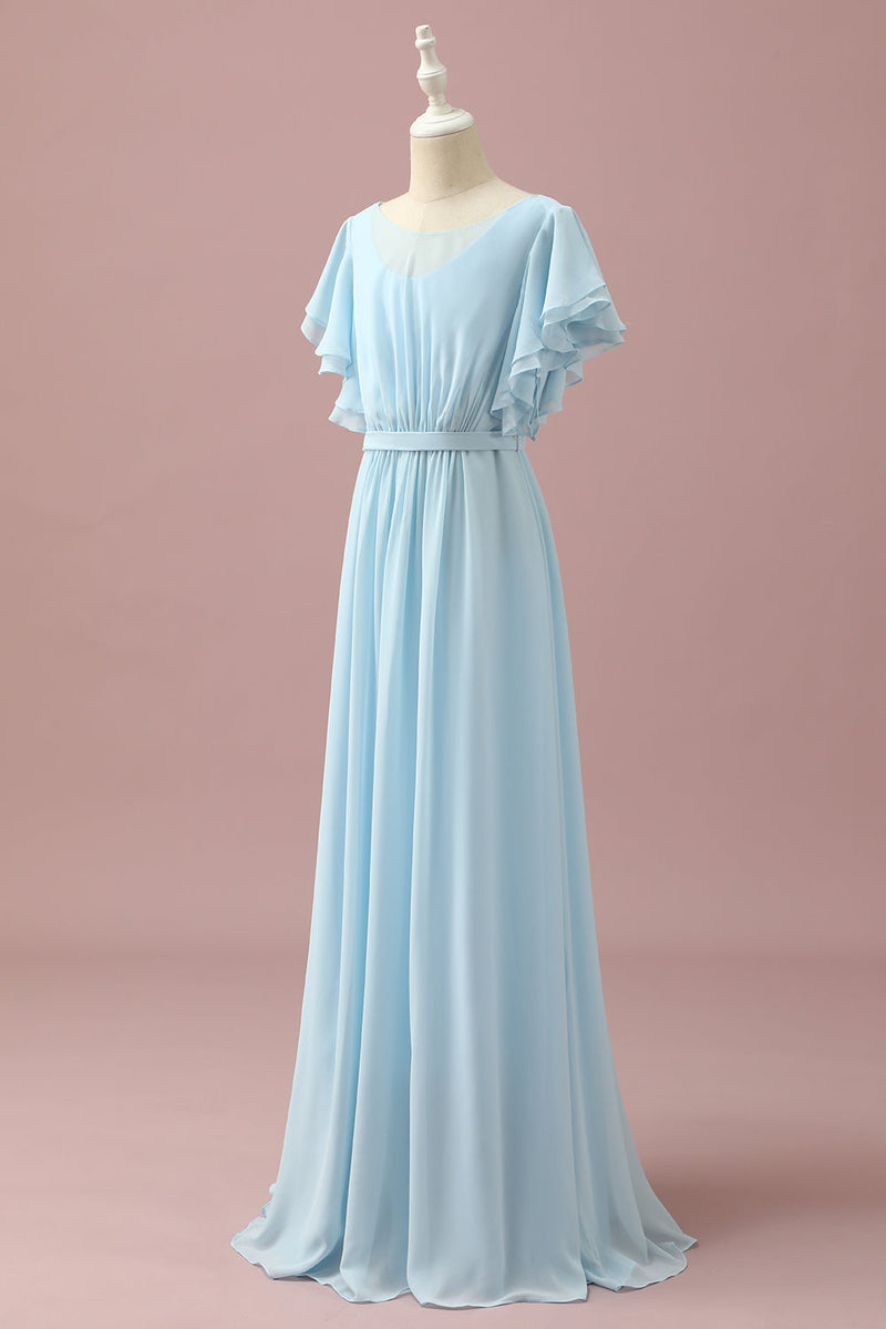 Charger l&#39;image dans la galerie, Mousseline de soie bleu clair Batwing Manches A-Line Junior Bridesmaid Dress
