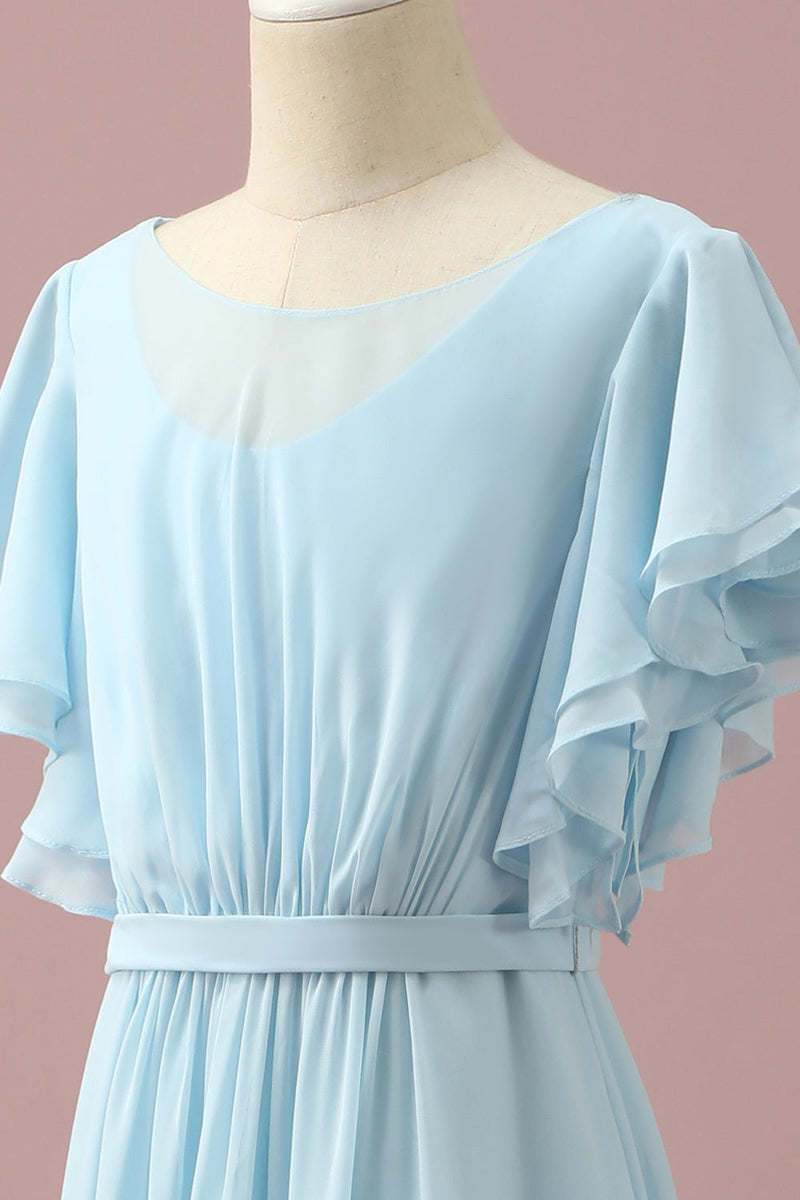 Charger l&#39;image dans la galerie, Mousseline de soie bleu clair Batwing Manches A-Line Junior Bridesmaid Dress
