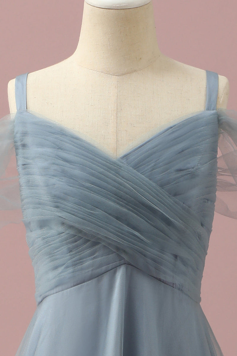 Charger l&#39;image dans la galerie, Robe de demoiselle d’honneur junior en tulle d’épaule froide gris bleu