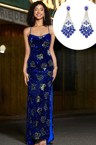Robe de bal longue à paillettes à bretelles spaghetti sirène bleu royal avec accessoire