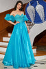 Charger l&#39;image dans la galerie, Robe de bal perlée Corset à épaules dénudées bleu A-ligne avec accessoire