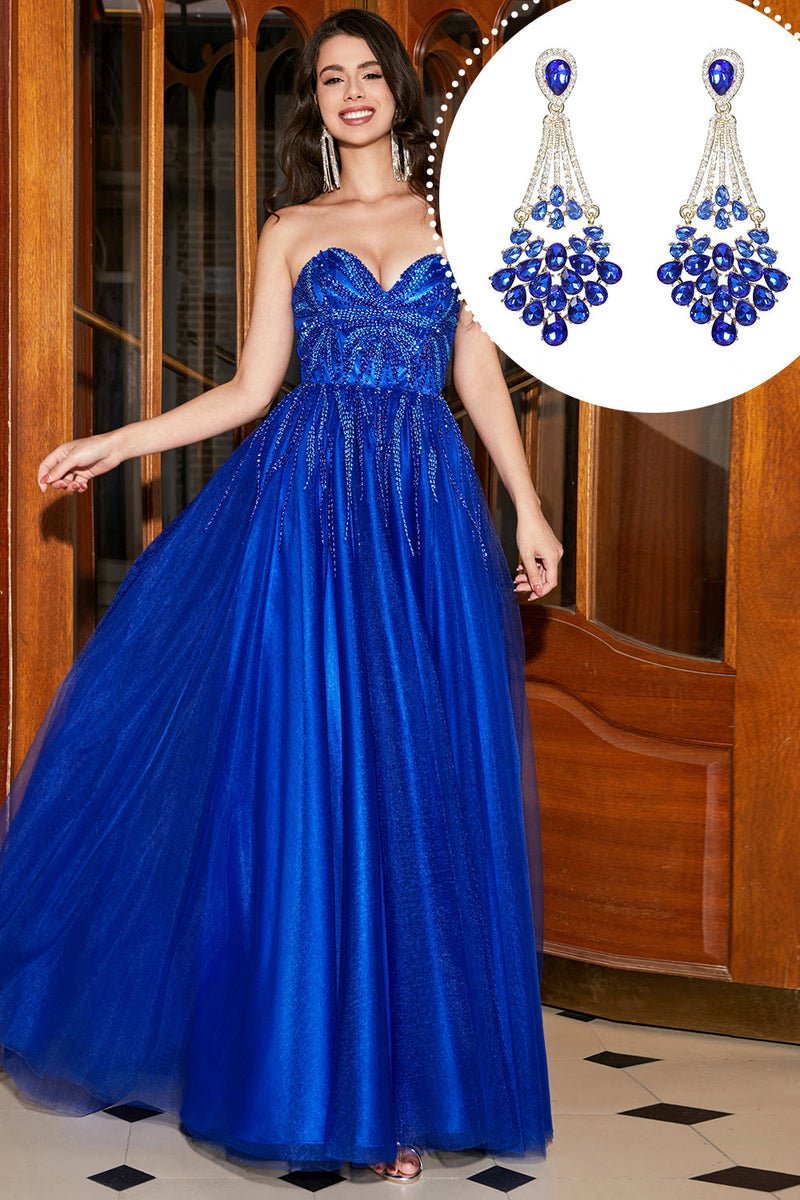 Charger l&#39;image dans la galerie, Robe de bal longue perlée en perles bleu royal A-Line Sweetheart avec accessoire