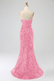 Robe de Soirée longue à paillettes bustier sirène rose avec fente