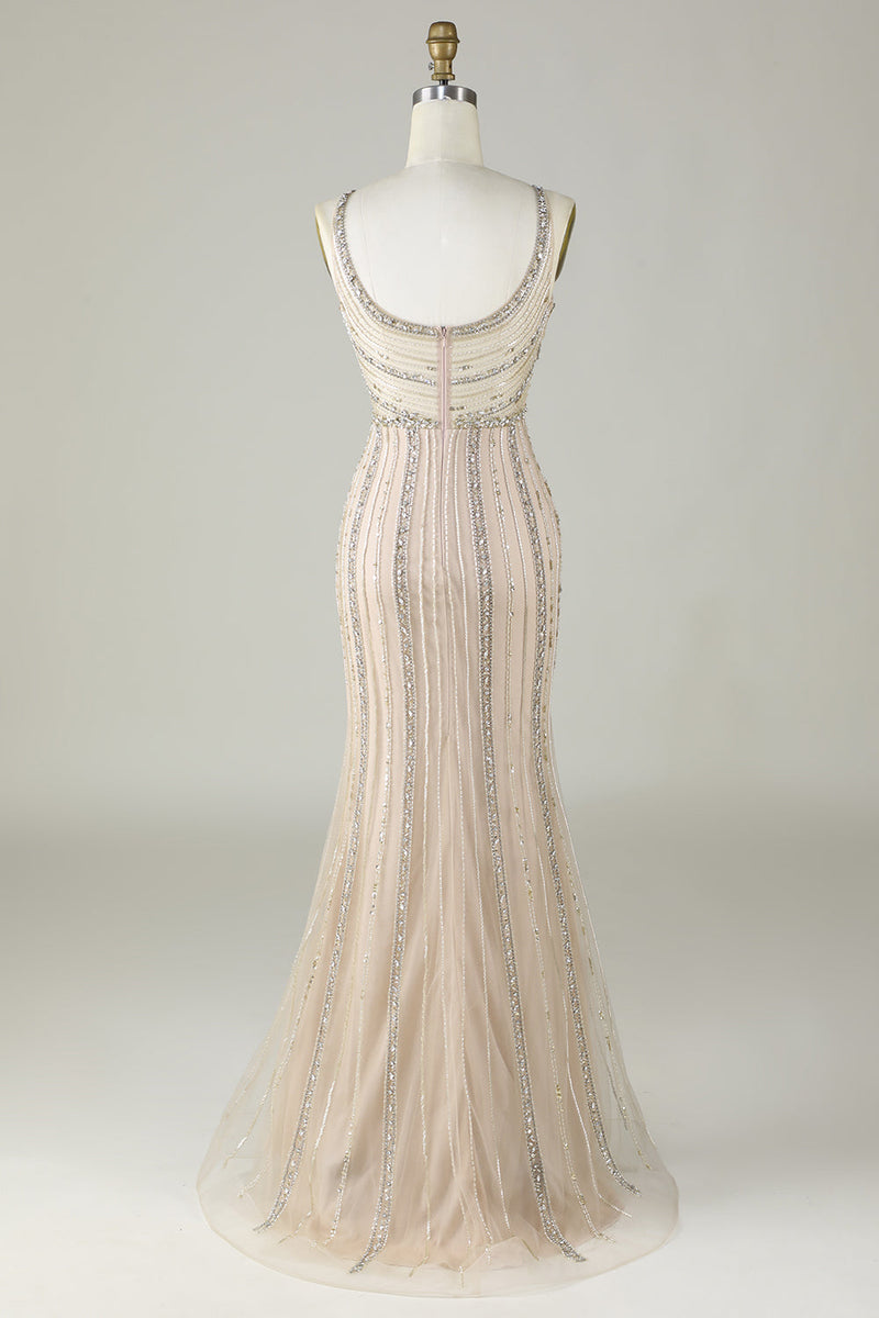 Charger l&#39;image dans la galerie, Robe longue de bal de sirène perlée au champagne scintillante avec écharpe