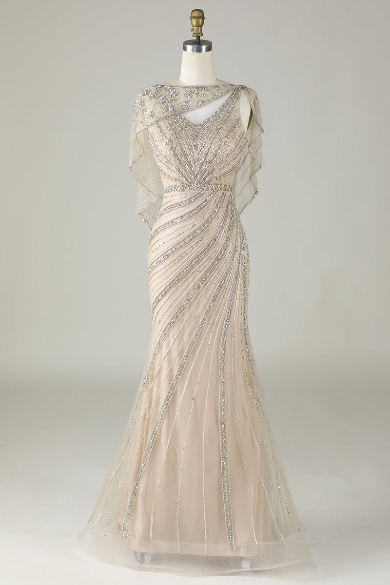 Charger l&#39;image dans la galerie, Robe longue de bal de sirène perlée au champagne scintillante avec écharpe