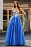 Bleu Royal A-ligne Sweetheart Broken Mirrors Corset Bretelles Longue Robe de bal