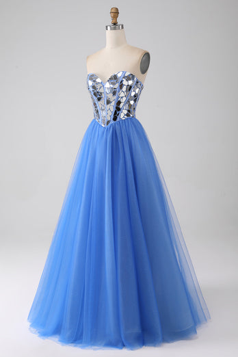 Robe de bal A-Line Sweetheart Mirror bleu royal