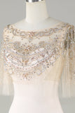 Sparkly Champagne Bateau Col Perles Sirène Robe Long Bal