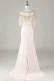 Sparkly Champagne Bateau Col Perles Sirène Robe Long Bal