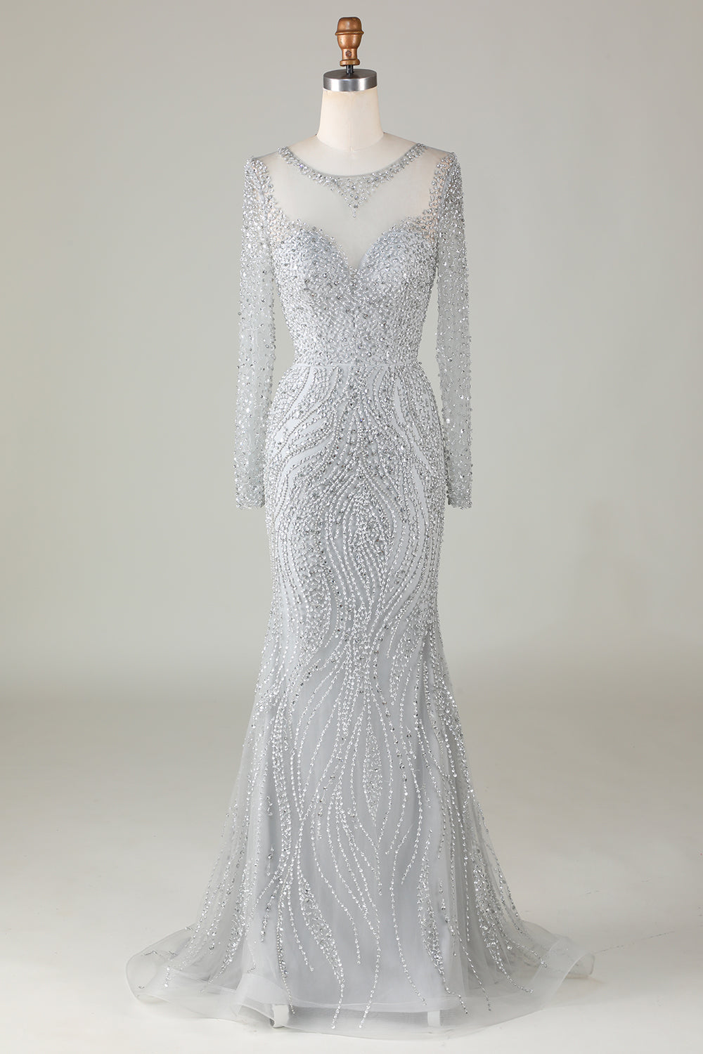 Magnifique robe de sirène perlée grise scintillante