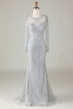 Magnifique robe de sirène perlée grise scintillante