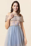 Robe de bal longue en tulle perle gris scintillante