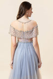 Robe de bal longue en tulle perle gris scintillante