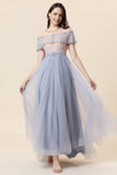 Robe de bal longue en tulle perle gris scintillante