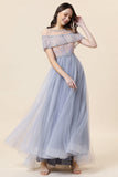 Robe de bal longue en tulle perle gris scintillante