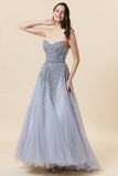 Robe longue longue de bal en tulle perle gris scintillant