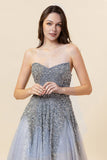 Robe longue longue de bal en tulle perle gris scintillant