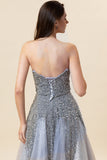 Robe longue longue de bal en tulle perle gris scintillant