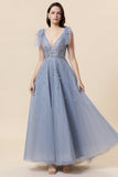 Robe de bal en tulle long tulle bleu perlé scintillant