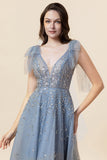 Robe de bal en tulle long tulle bleu perlé scintillant