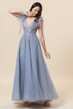 Robe de bal en tulle long tulle bleu perlé scintillant