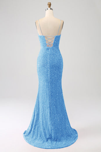 Brillant bleu royal sirène bretelles spaghetti sequin longue robe de Soirée avec fente