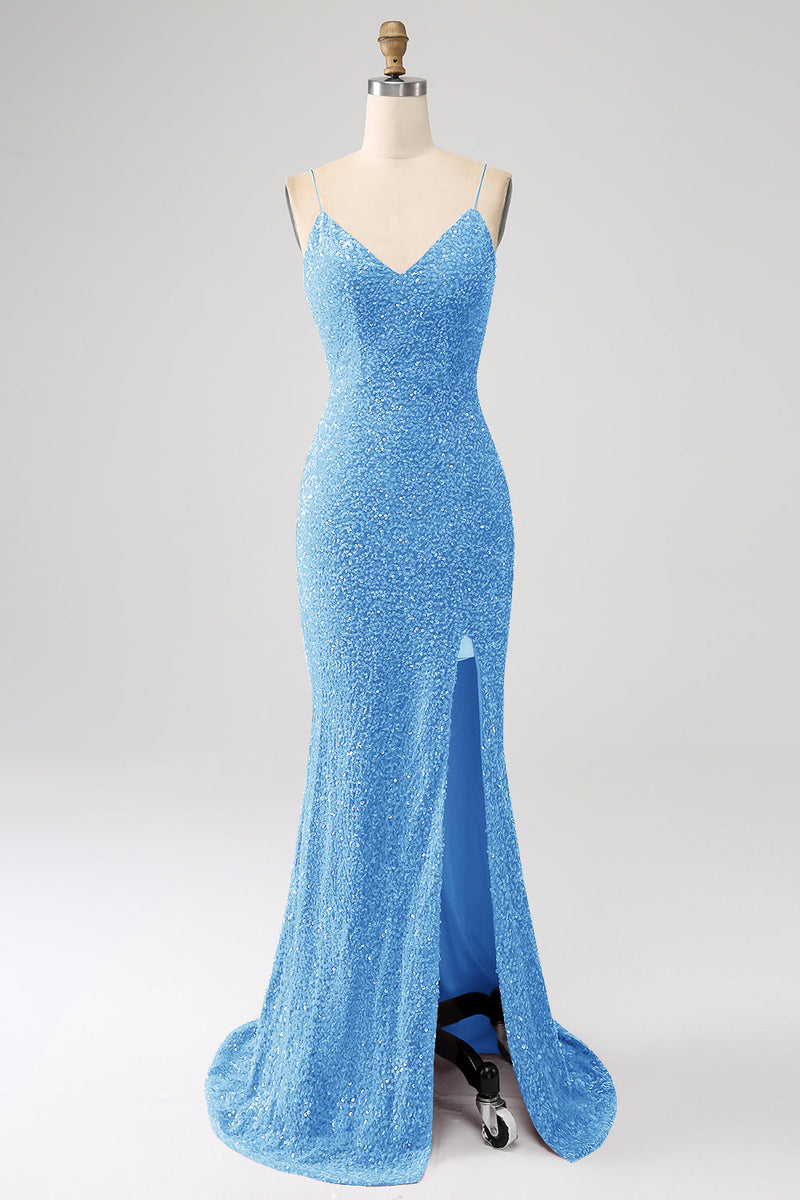 Charger l&#39;image dans la galerie, Brillant bleu royal sirène bretelles spaghetti sequin longue robe de Soirée avec fente