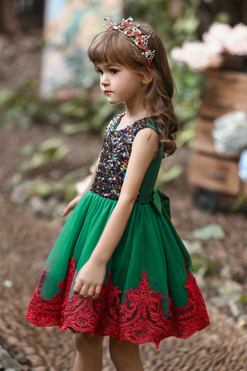 Robe fille à fleurs vertes et rouges avec paillettes