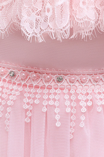 Pink Illusion Round Neck Flower Girl Robe avec dentelle