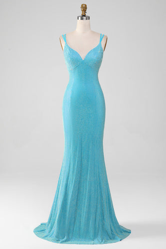 Scintillant Turquoise sirène Spaghetti bretelles longue robe de soirée avec perles