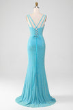 Scintillant Turquoise sirène Spaghetti bretelles longue robe de soirée avec perles