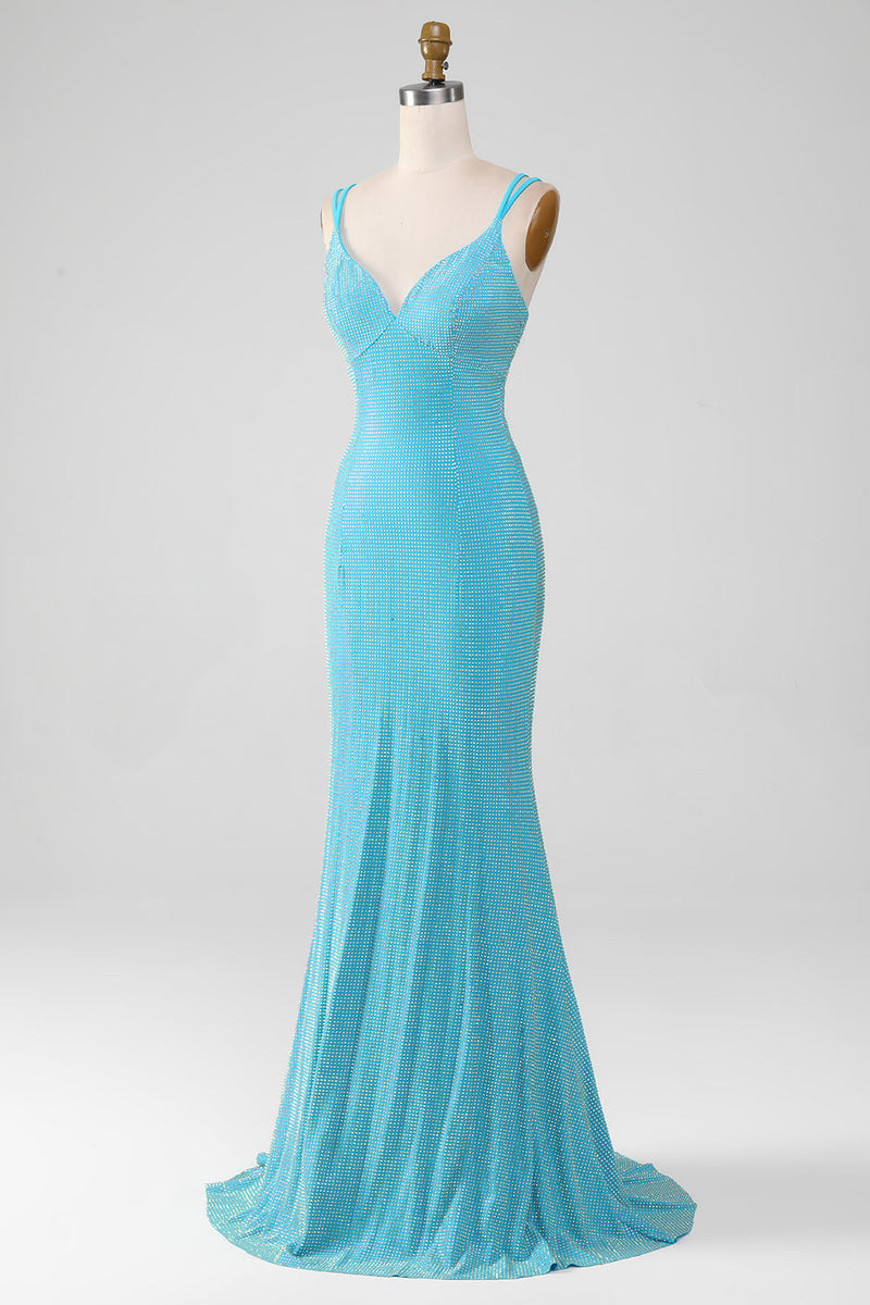 Charger l&#39;image dans la galerie, Scintillant Turquoise sirène Spaghetti bretelles longue robe de soirée avec perles
