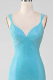 Scintillant Turquoise sirène Spaghetti bretelles longue robe de soirée avec perles