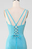 Charger l&#39;image dans la galerie, Scintillant Turquoise sirène Spaghetti bretelles longue robe de soirée avec perles