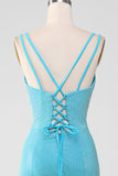 Scintillant Turquoise sirène Spaghetti bretelles longue robe de soirée avec perles