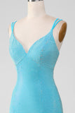 Scintillant Turquoise sirène Spaghetti bretelles longue robe de soirée avec perles