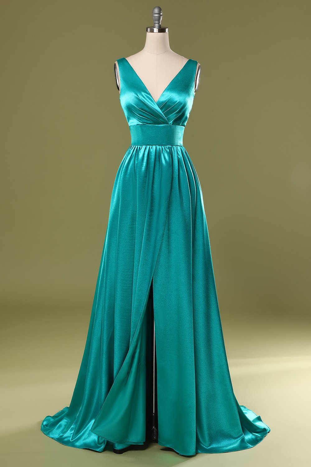 Turquoise Deep V Neck Split Front A Line Ruched Long Prom Robe de